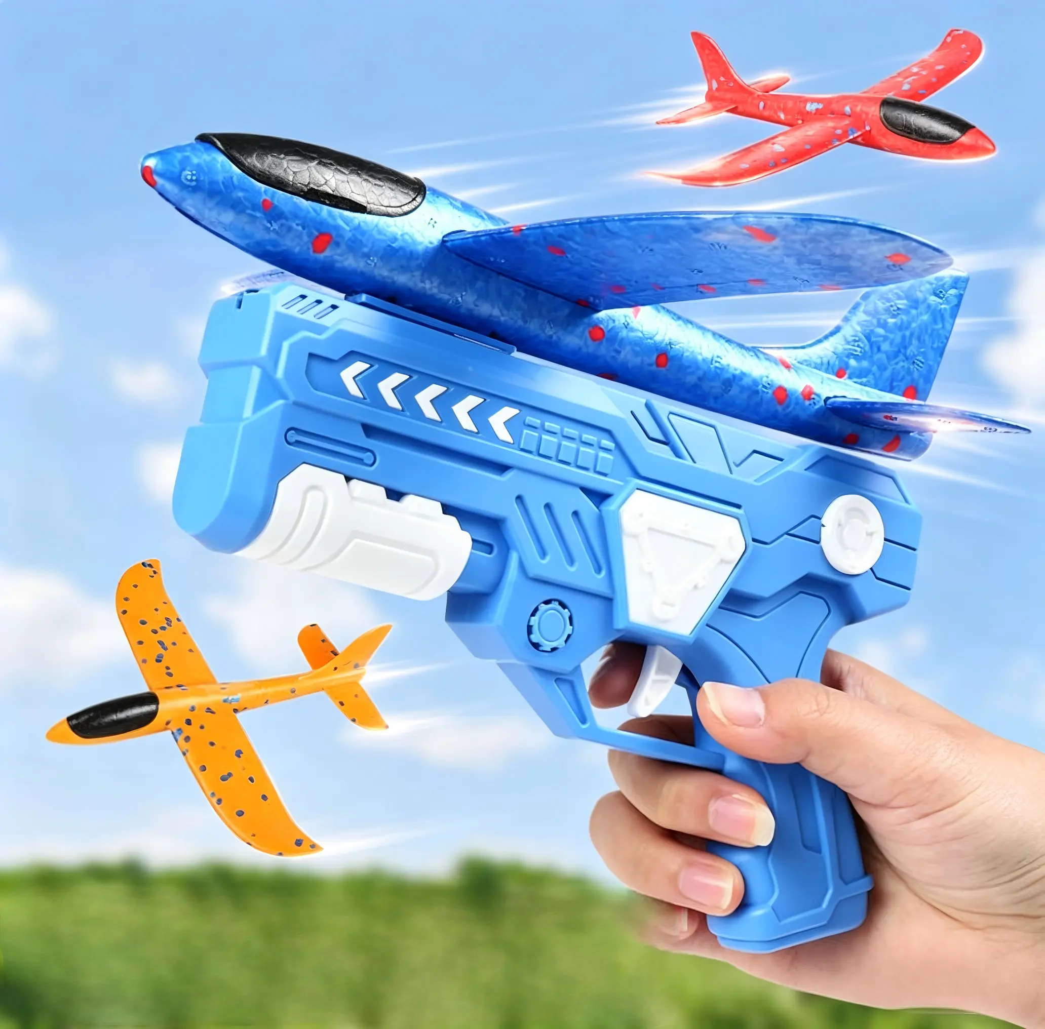 Blue Foam Glider Airplane Launcher Toy - Compact Size Mechanical Outdoor Flying Toy, Crash-Resistant, Long Flight Distance, Boys' Birthday Gift for Kids Ages 4-12, Encourages Screen-Free Time, Builds Confidence, Mastery & Hand-Eye Coordination