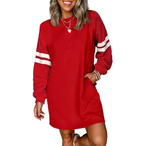 Znacicc 2026 Women's Varsity Contrast Banded Sleeve  Winteroutfit Crew Neck Casual Shift Sweatshirt Dress with Pockets Campus and Weekend Game Day Chic Sporty