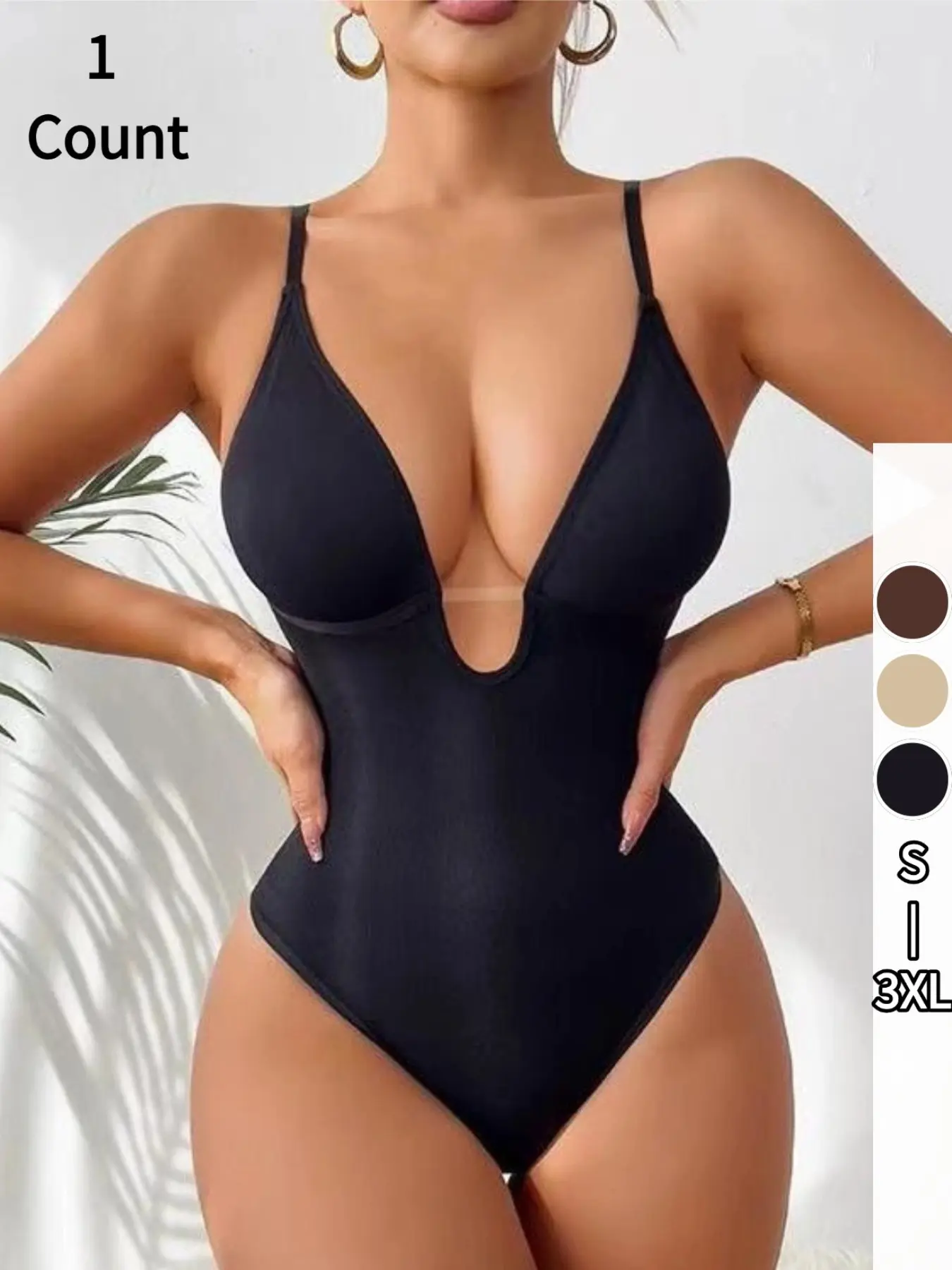 S-3XL,1 count / 3 counts Women's Seamless Shapewear Bodysuit, Fit, Underwear, Deep V Neck Waist Cinch, Breathable Soft, Adjustable Strap, Casual S-Type, Thong，All Seasons，Perfect for wedding season & bridal occasions, Womenswear