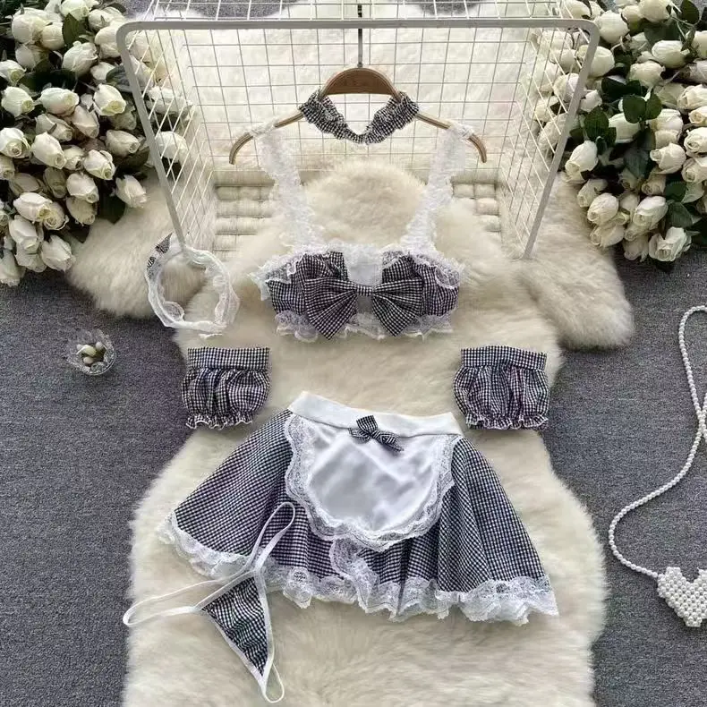 Women's Girly Soft Sheer Fabric Pink Maid Cosplay Halter Neck Ruffle Dress - Lace Trim, Bow Decoration, Adjustable Straps, Apron Style Lingerie for Halloween Party Role-Play, Costume, Mesh
