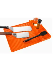 Blackstone Compatible Silicone Grill Mat – BBQ Griddle Tool Organizer with Drip Pad, Spatula Rest for Outdoor Kitchen, Gifts for Men (Orange)