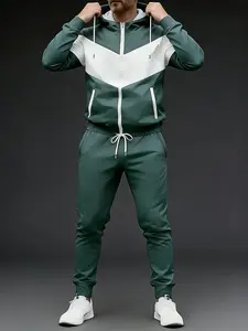 Stylish Contrast Color Block Tracksuit for Men Full Zip Hooded 2-Piece Casual Sportswear for Daily Leisure Activities Blue & White