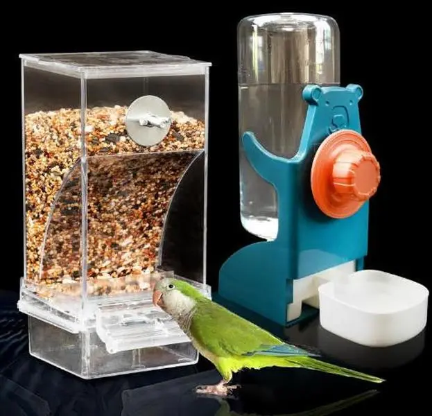 2 pack Automatic Parrot Feeder Cage Accessories No Mess Bird Feeder Water Dispenser Set Acrylic Parrot Feeders Accessories for Cockatiels, Finches, Lovebirds, Budgies, Canaries