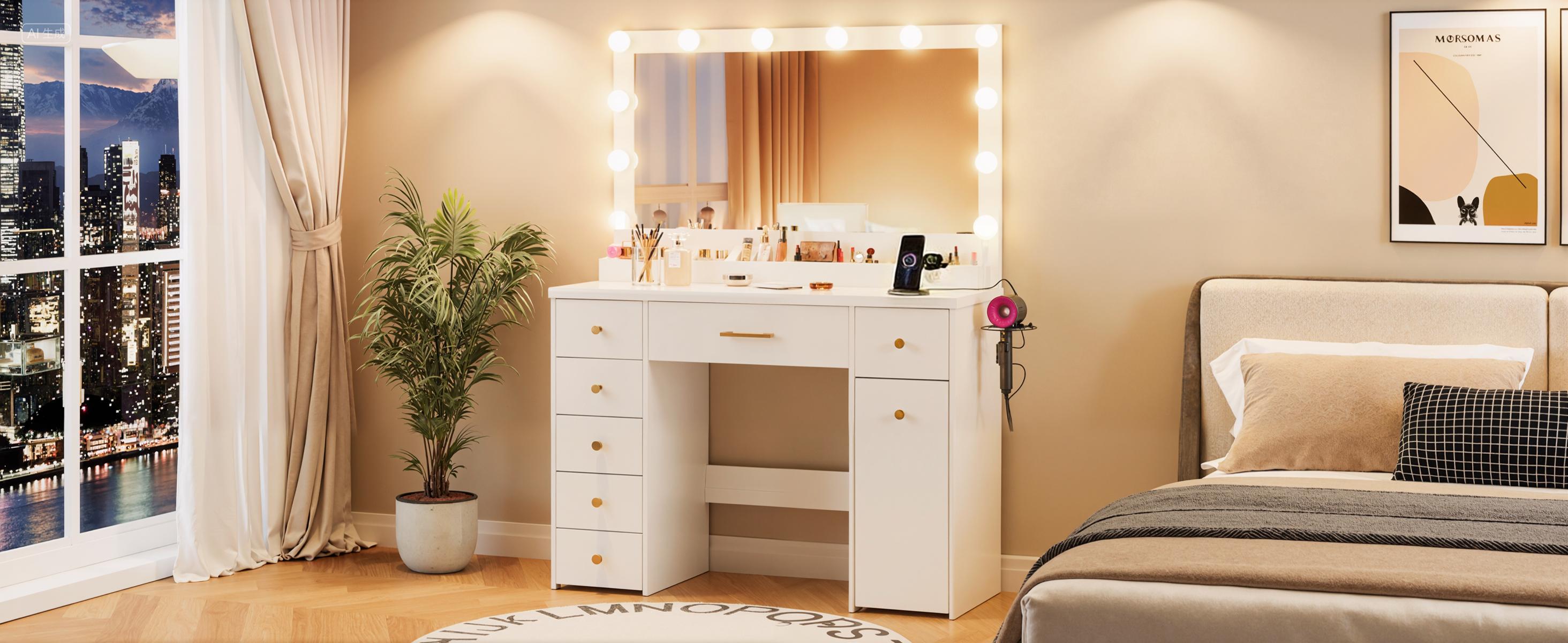 LAKEMID Large Mirror Vanity with LED Lighting, featuring 12 Hollywood-style bulbs and three-color adjustable lighting (comes with a set of colored string lights). 7-drawer vanity with pull-out storage, bedroom vanity, white