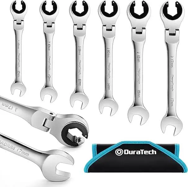 #fathersdaygift DURATECH 6-Pack Ratcheting Wrench Set with Open Flex-head, Metric Ratcheting Tubing Wrench Set, 10-17mm, 72-Tooth Gear, CR-V Steel, with Organizer Bag, Gifts for Men
