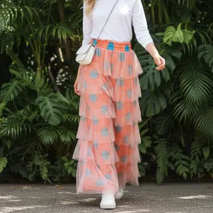 Women's Coral Polka Dot Tiered Sequin Tulle Pants - High-waist Wide-leg Trousers, Boho Whimsical Style For Vacations & Parties, Lightweight Flowy Pants