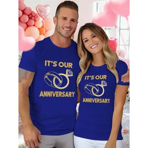 Matching Couple T-Shirts - "It's Our Anniversary" Golden Print, 100% Cotton, Round Neck, Short Sleeve, Casual Summer Shirt for Men and Women, Machine Washable, Romantic Anniversary Gift Idea