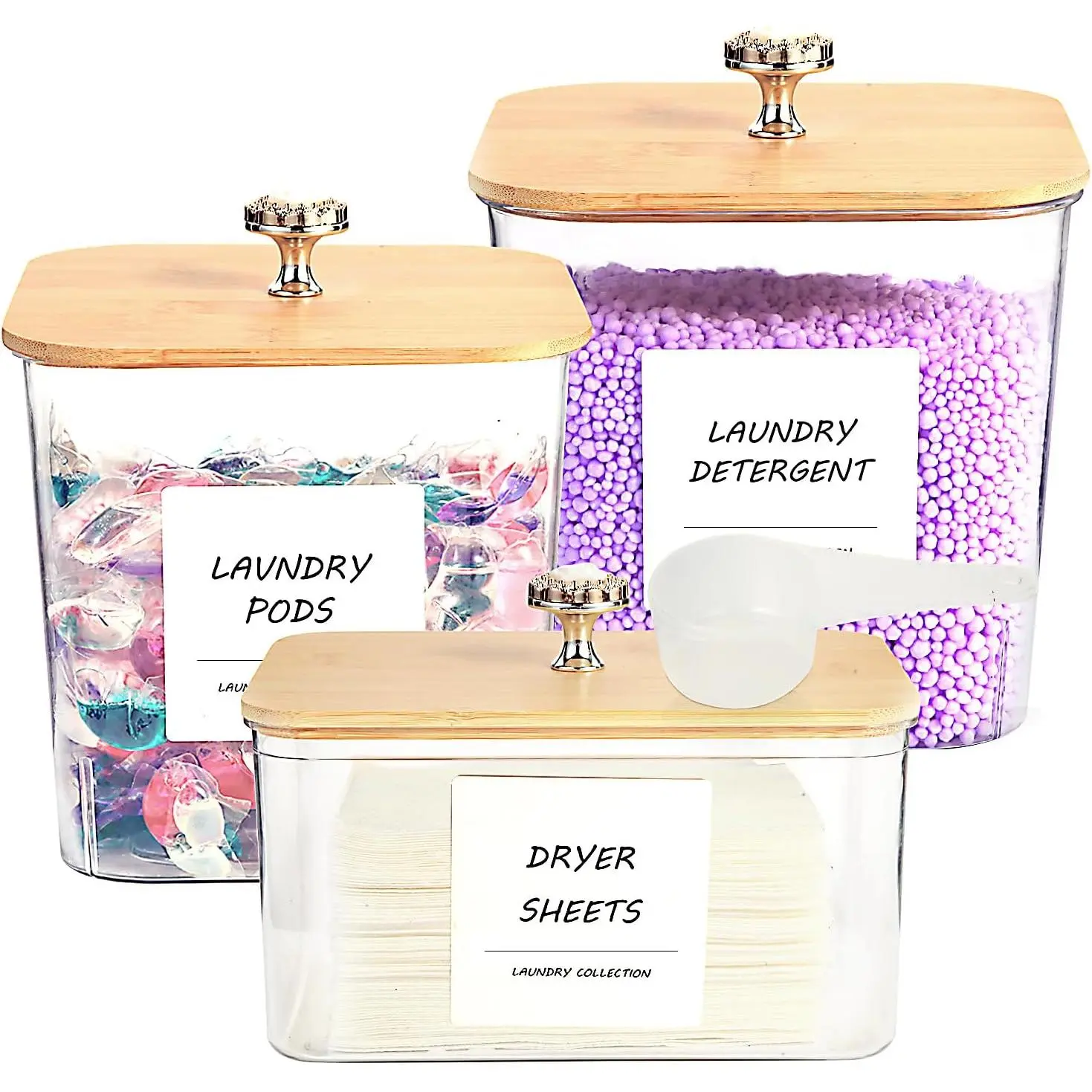 3 Pack Laundry Room Organization Storage Containers, Plastic Clear Laundry Pods Container & Dryer Sheet Holder Jars with Lids, Scoops & Labels for Detergent, , Dryer Balls, Beads
