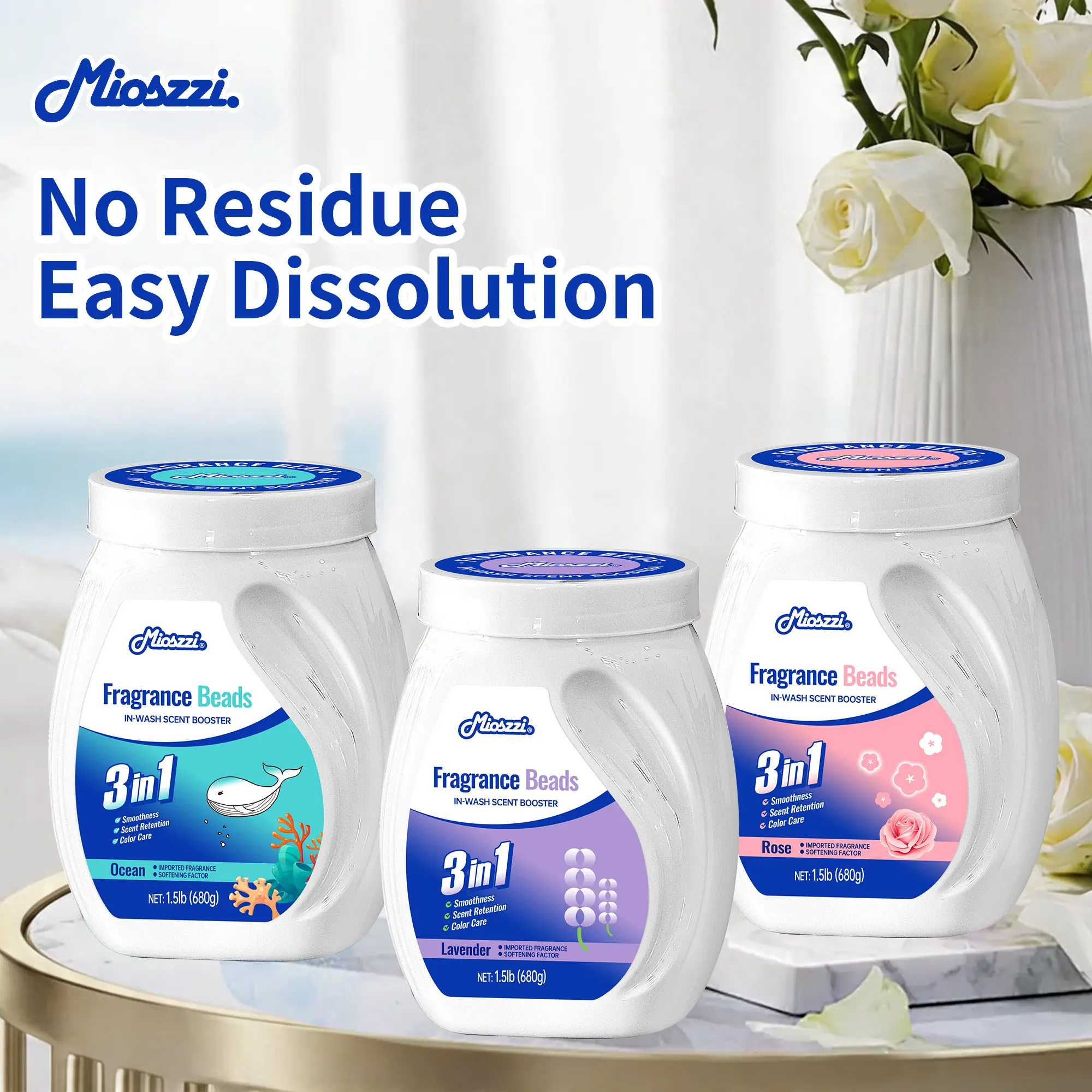 Mioszzi In Wash Laundry Scent Booster Beads, Fine Premium Fragrance, Long Lasting Fresh Scent, 23.99 oz / 680g Tub, Ocean / Lavender / Cherry Rose, Single Tub, 3-Tub Bulk & Variety Scent Pack Options