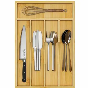 Bamboo Utensil Organizer for Kitchen Drawers, Utensil Tray and Cutlery Silverware Holder,Wood Drawer Dividers with 5 Slots