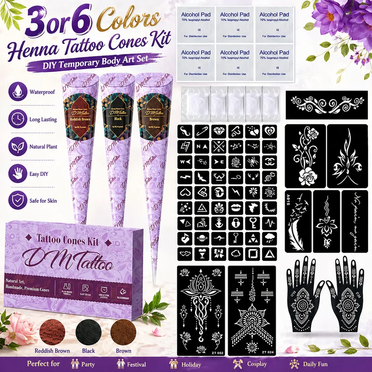 Henna Tattoo Kit, 3/6-Color DIY Body Art Set with Stencils, Face & Body Cosmetic, Makeup, Waterproof Temporary Ink with Natural Safe Formula for Parties and Festivals