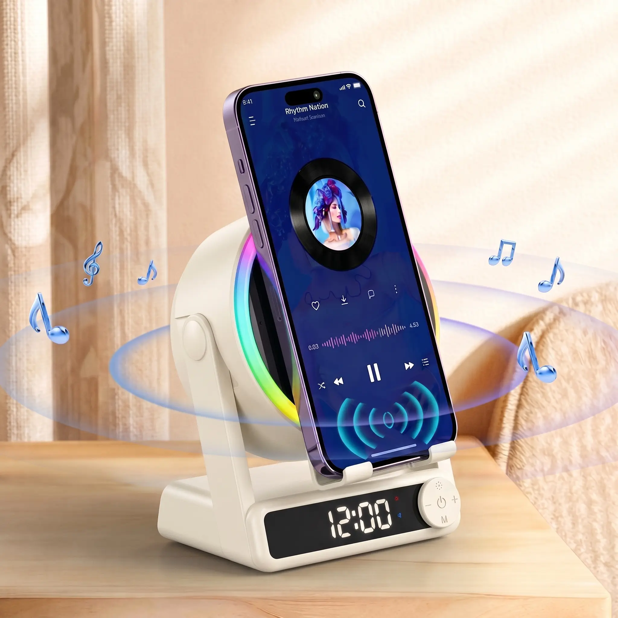 5-in-1 Wireless Induction Smartphone Speaker with Phone Holder Stand - Bluetooth Speaker, Bedside Alarm Clock, Color Changing RGB Night Light, Batteries-Powered Tech Gift for Gadget Enthusiasts, Speakers