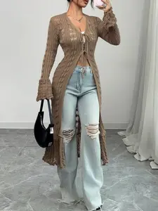 Women's Solid Color Knitting Cardigan, Elegant Fashion Casual Tie Front Cardigan, Women Knitwear for Daily Outdoor Wear