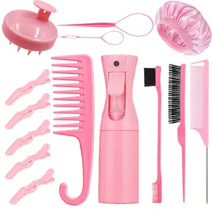 14PCS Hair Styling Tool Kit, Hair Grooming Kit With Wide Tooth Comb, Rat Tail Comb, Scalp Massager, Edge Brush, Spray Bottle, Hair Loop Tool & Satin Bonnet, Curly Hair Styling Kit For Women & Men, Salon And Daily Hair Care, Heatless Styling Tools