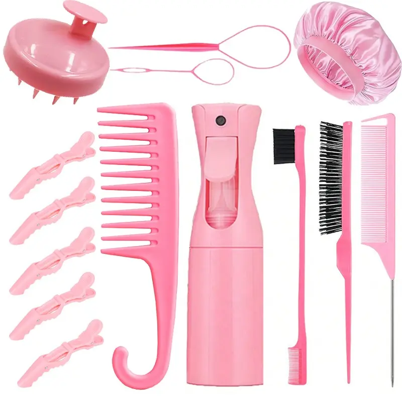 14PCS Hair Styling Tool Kit, Hair Grooming Kit With Wide Tooth Comb, Rat Tail Comb, Scalp Massager, Edge Brush, Spray Bottle, Hair Loop Tool & Satin Bonnet, Curly Hair Styling Kit For Women & Men, Salon Supplies And Daily Hair Care, Heatless Styling Tools