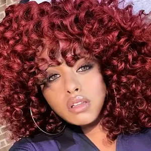 14 Inch Burgundy Red Big Curly Wig with Bangs | Natural Synthetic Heat Resistant Wig for Daily & Party