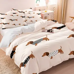 Cute Cartoon Dachshund with Striped Polka Dot Print Duvet Cover Set, Printed Bedding Set, 1 Duvet Cover + 1/2 Pillowcases, No Core, Skin-Friendly Cream Bedding, All Season Ideal for Pet Lovers & Nursery Bedroom Decoration, Bedding Sets