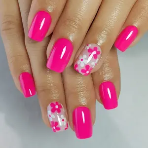 Fuchsia Floral Press-On Nails with Clear Base – 24pcs Short Oval Fake Tips in Bright Summer Pink | Vivid, Bold & Fun Look | Easy to Apply, Durable, No UV Needed | Perfect for Parties, Festivals, Vacations & Everyday Nail Art | CurvLife
