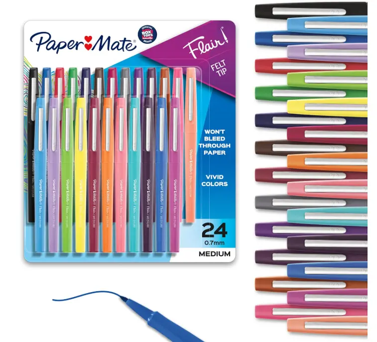 Paper Mate Flair Felt Tip Pens, Medium Point, Assorted Colors, 24 Count - Home, Office, Back to School, Teacher Supplies