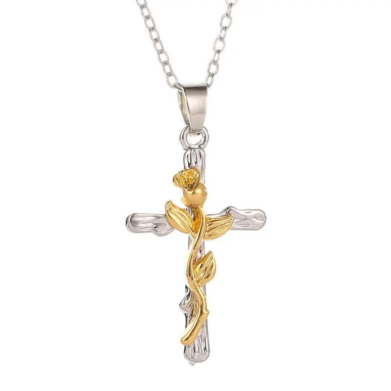 New classic retro fashion versatile necklace style leaf cross rose necklace niche design necklace