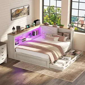 [Ships in 2 Boxes] AMERLIFE Corner Bed Frame with Storage Drawers and Bookcase Headboard, Charging Station and Led Lights, Farmhouse Wood Daybed for Kids Teens, No Box Spring Needed