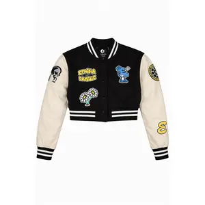 Women's Cropped Varsity Jacket - Black/Cream Multi, Streetwear Style, Tops Category, Premium Fabric, Long Sleeves
