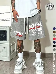 Unisex Street Style Summer 'Money' slogan and RiCH lettering American hip-hop washed cotton Graphic Loose Fit drawstring shorts, Chic casual shorts, Suitable for streetwear, hip-hop, couple outfits, and casual everyday wear