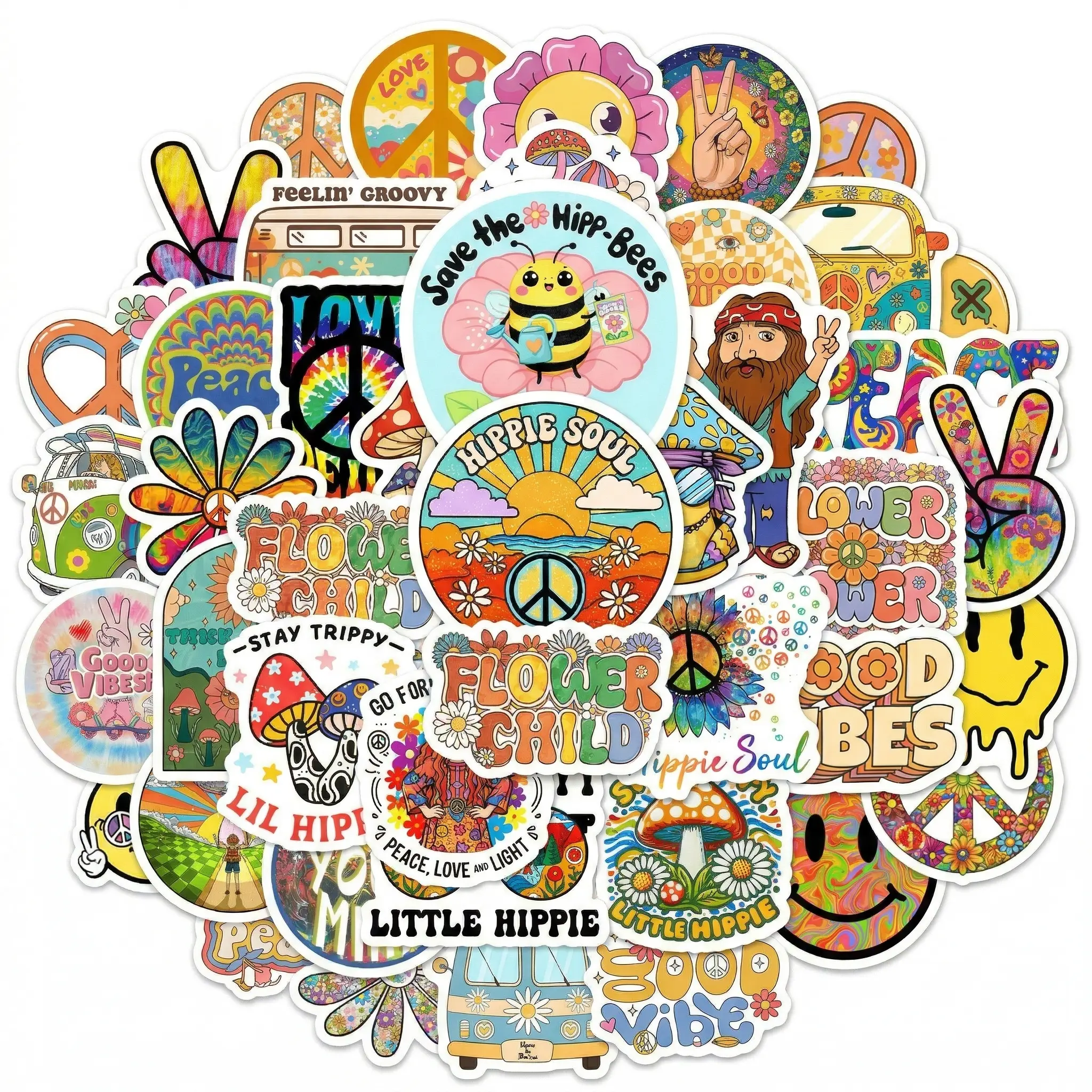 50PCS Hippie Stickers Pack Waterproof Vinyl Decals, Retro Boho Groovy Peace Love Flower Stickers for Water Bottle, Laptop, Guitar, Skateboard, Phone Case, Journal, Cute Aesthetic Sticker Set for Teens Adults
