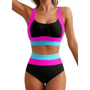 Women 2 Piece High Waisted Bikini Sets Colorblock Sporty Swimsuits Wide Straps Bathing Suit 2026 Summer Swimwear