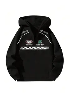 Unisex Half-Zip Fleece-Lined Knit Hoodie, Sweatshirts -Racing-Inspired 'UNLOOSE' 'BLACKENED' 'LIFE OFF' Graphics, Streetwear Subculture Style, Fitted for Urban Daily Wear, Street Outings & Cozy Chill Days, Soft Warm Fleece Interior