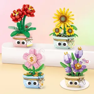 Tulips Sunflower Rose Flower Design Building Block, Micro Plant Potted Building Block, Desktop Ornament For Home Decor
