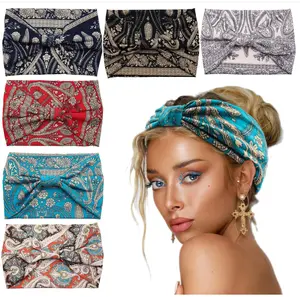 6 Pack Non Slip Bandana Headbands, Wide Headbands for Women, Boho Knotted Head Wraps, Sport Yoga Workout Stretchy Hair Bands, Super Absorbent Wide Headband Set for Women, Bohemian Knot Headscarf Non-Slip, for Sports/ Yoga/ Workouts