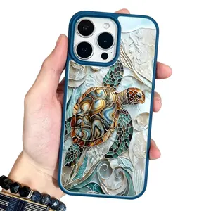 Marble Sea Turtle Pattern Clear Magnetic Phone Case , Compatible with MagSafe Silicone Bumper Protective Cover For iPhone X XS 11 12 13 14 15 16 17 Pro Max Plus Air, Cute Artistic Stained Glass Style outdoorfun
