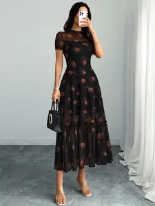 Elegant Aesthetic Women's Spring Summer Gothic Floral Dress with Double Layer Rose Print, Breathable Mesh Short Sleeves, Fitted Waist and Flared Hem, Casual Wear, Casual Chic Fitted