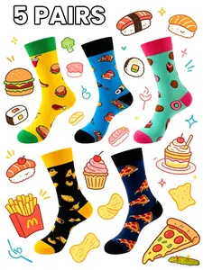 5 Pairs Fun Food Print Ankle Socks Sock Sets, Comfortable Breathable Skin-Friendly, Bright Colors, Hamburgers Pizza Patterns, Ideal for Daily Wear & Gifts