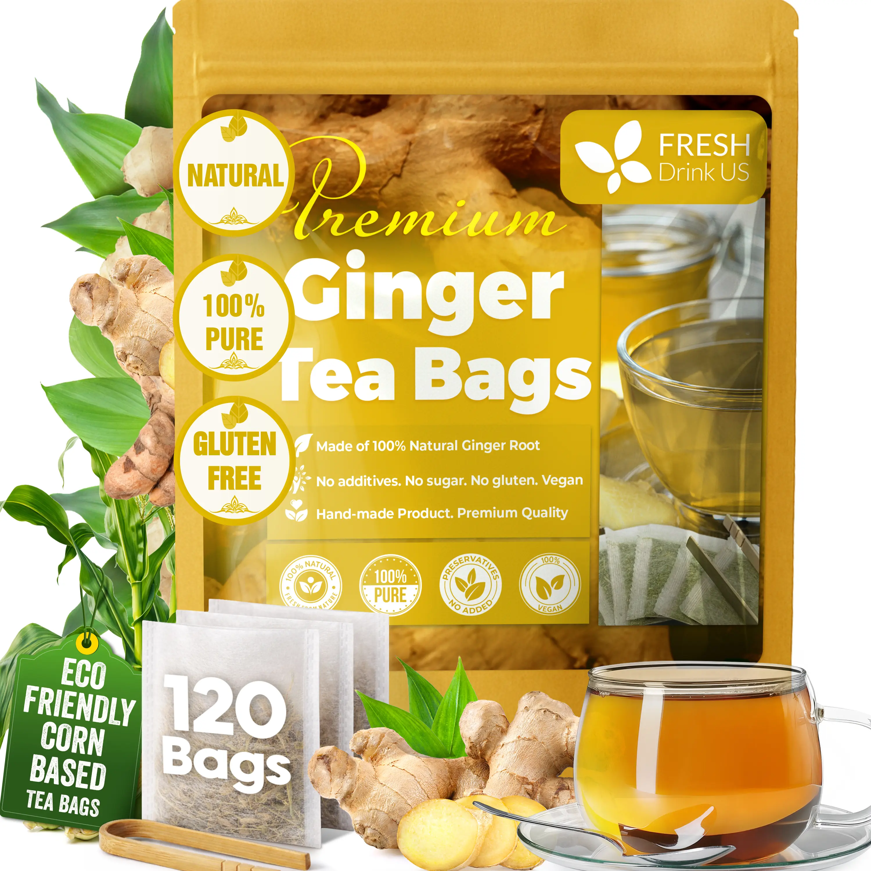 【FreshDrinkUS】 Premium 120 Ginger Tea Bags, 100% Natural & Pure from Ginger Roots, Ginger Tea, Ginger Herbal Tea. Ginger Tea. No Sugar, No Caffeine, No Gluten, Vegan. ginger caffeine free