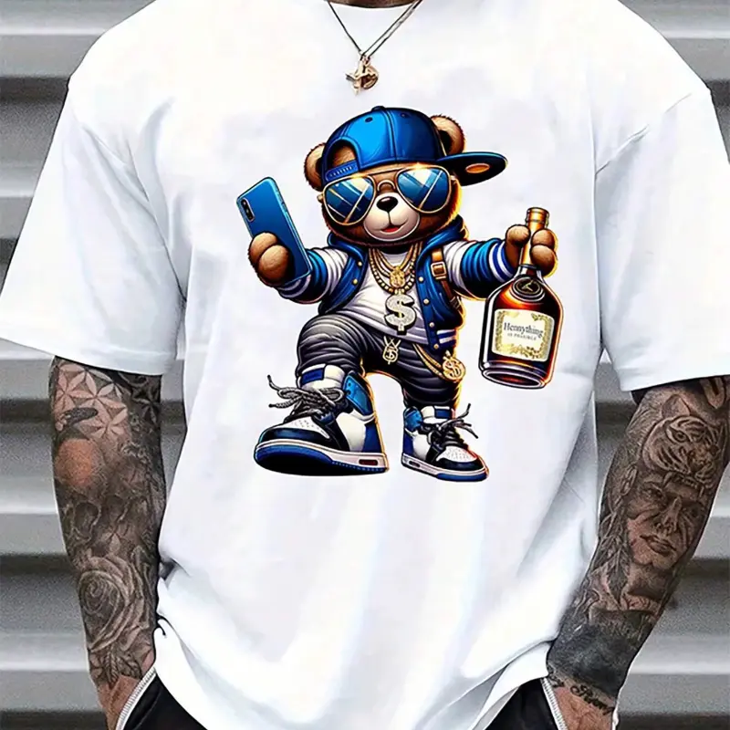Men's Graphic T-Shirt with Funny Cartoon Bear Print, Trendy Streetwear Cotton Top, Casual Loose Fit Short Sleeve for Summer, Men's Graphic Tees, Trendy T-Shirts