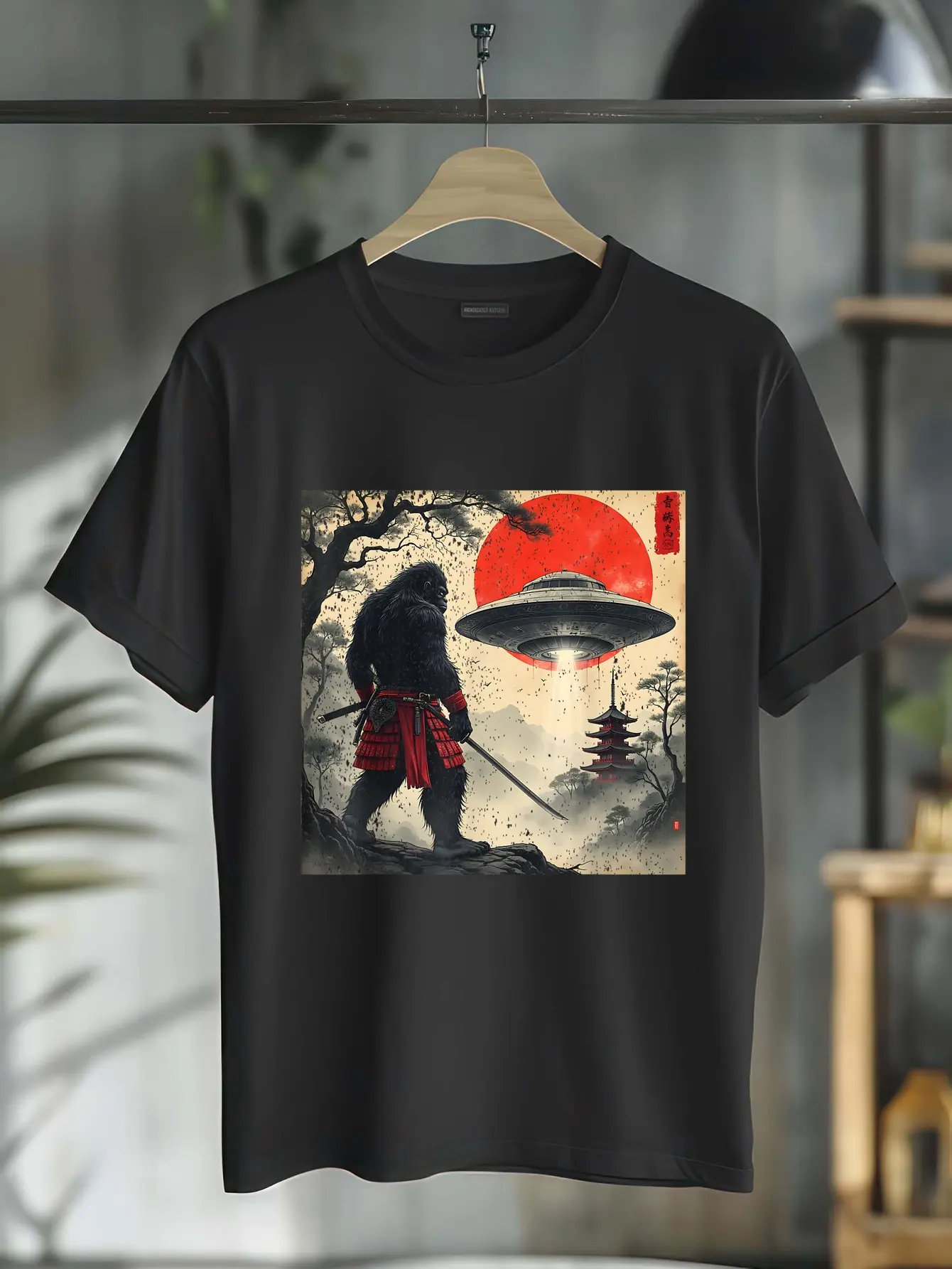 100% Cotton Samurai Bigfoot Japanese UFO Vintage Graphic Ukiyo-e Art T-Shirt