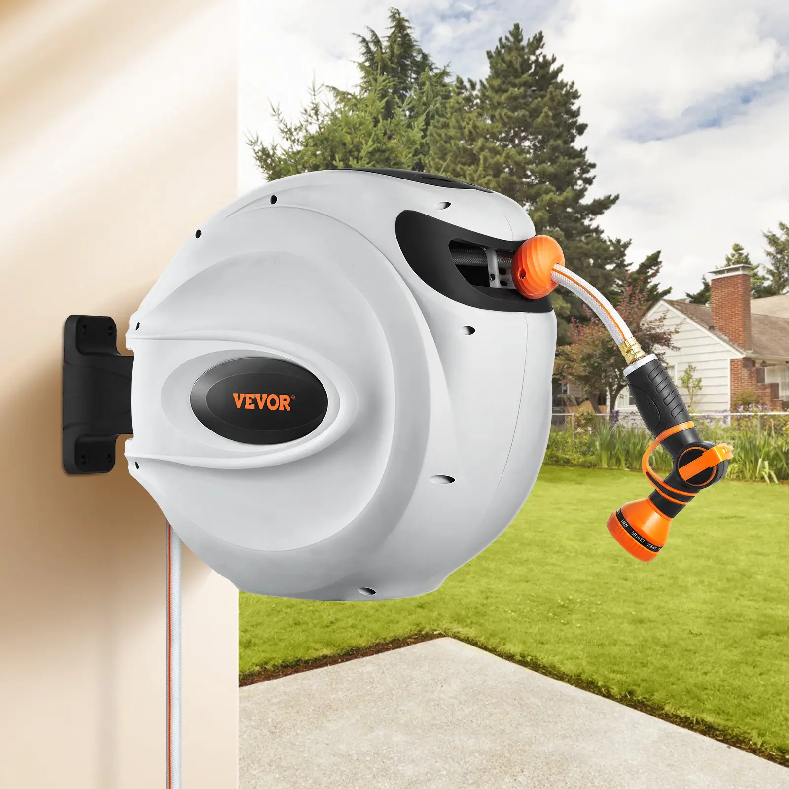【Summerfinds】VEVOR Retractable Hose Reel Water Hose Reel 65'x5/8" 180° Swivel Wall-Mounted Retractable Garden Hose
