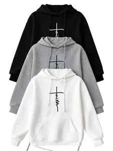 Hoodies For Women "Faith" Cross Print Graphic Sweatshirt Casual Pullover Waffle Long Sleeve Drawstring Hooded Sweatshirt with Pocket