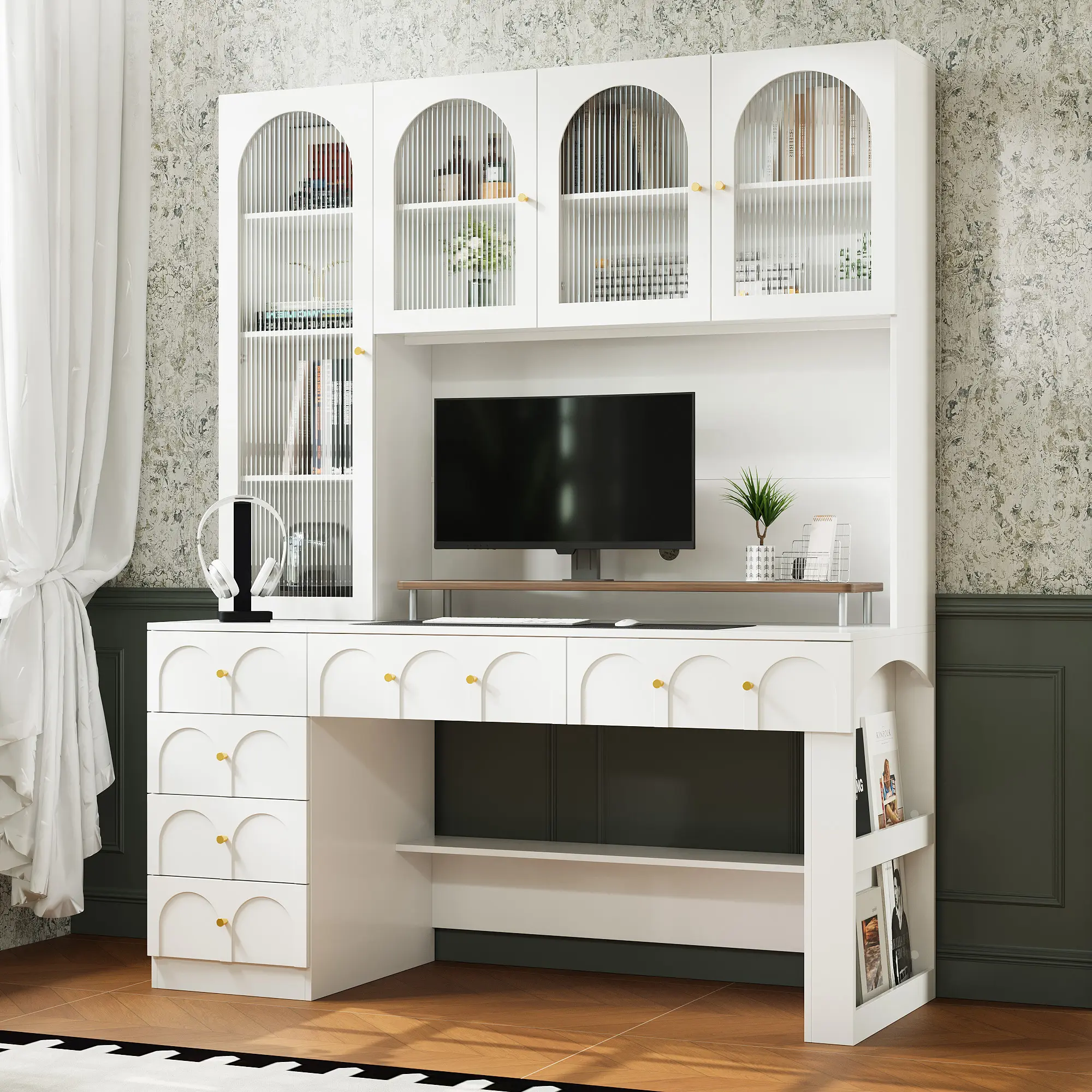 FUFU&GAGA 78.7" H Home Office Executive Desk with Hutch, Large Computer Desk with Arch Glass Doors, Drawers & 11 Shelves, Modern Wood Study Writing Table Workstation with Adjustable Shelves, White