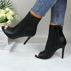 Women's PU Leather Upper Stiletto High Heel Peep Toe Ankle Booties - Side Zipper, Solid Color, Rubber Sole, All-Seasons Comfortable Fashion Footwear for Dress, Dance