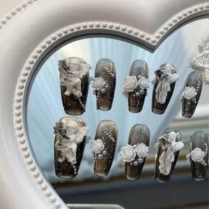 H88 Handmade nail wearing fake nail patch Finished Black plaster Angel Camellia Manicure Premium Dark Manicure almond press