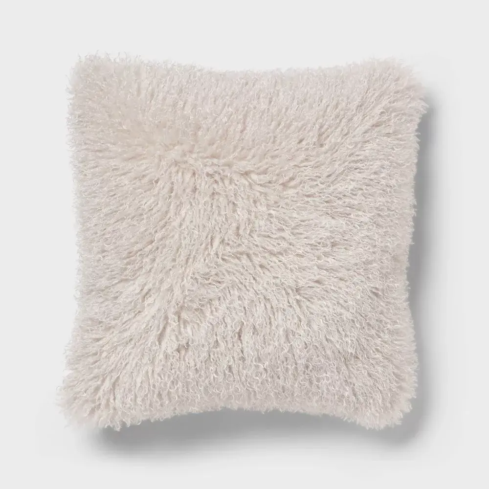 Faux Mongolian Fur Decorative Throw Pillow Light - Threshold: Polyester Indoor Square Cushion OEKO-TEX Certified