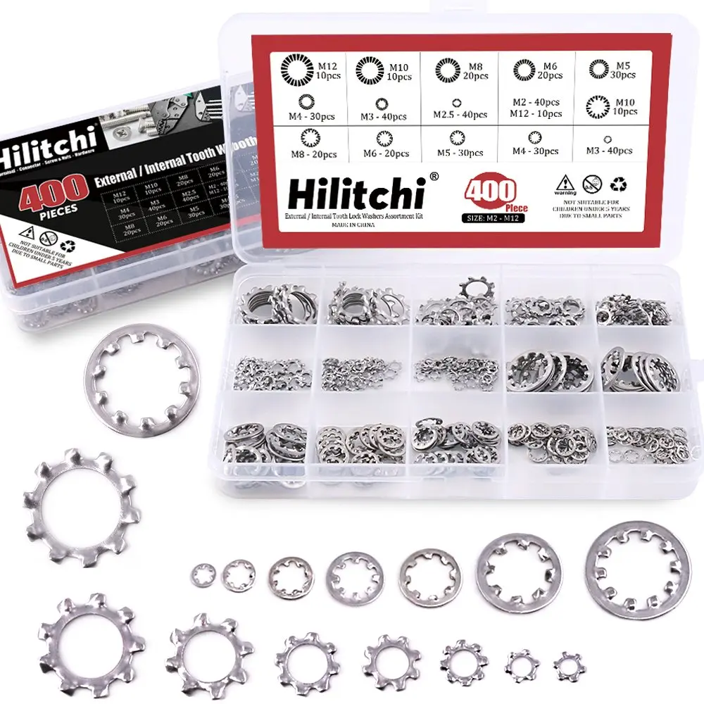 400-Pcs 304 Stainless Steel External & Internal Tooth Star Lock Washers Assortment Kit (M2-M12, 8 Most Used Sizes Including M4) - Corrosion Resistant for Household Appliances, Automotive, Commercial Appliances