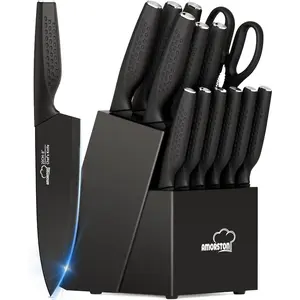 15 Pieces Kitchen Knife Set with Block Built in Sharpener, Dishwasher Safe, German Stainless Steel, Elegant Black