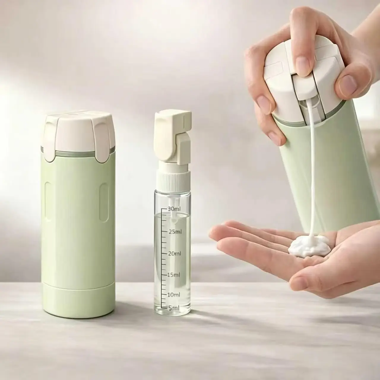 4-in-1 Compartmented Travel Pump Bottle, Leak-Proof Toiletry Dispenser, Easy Controlled Dispensing Compact Container for Shampoo & Lotion, Portable Gym Cosmetic Storage, Airplane Carry-On (White/Green)