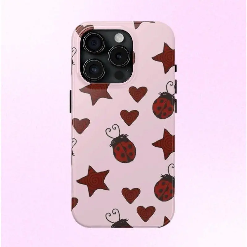 Red Ladybug Stars Hearts Phone Case Y2K Cute Bug Pattern Cool Girl Gift Magnetic Case Phone - Case For iphone 17 pro case iphone 16 pro max case 15 14 13 12 11 & Samsung S25 S24 Ultra