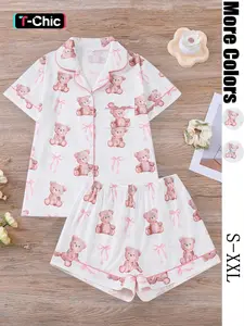Women's Bear Print Short Sleeve Top & Elastic Waist Shorts Pajama Set, Casual Comfy Cute Shirt & Shorts Loungewear Set, Ladies Sleepwear for Summer