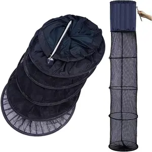 Fishing Cage Basket, Collapsible Nylon Fish Baskets, Fish Keeping Net with Anchor Bolt, for Minnows,Crab,Shrimp,Crawfish-Black(60X13 in)